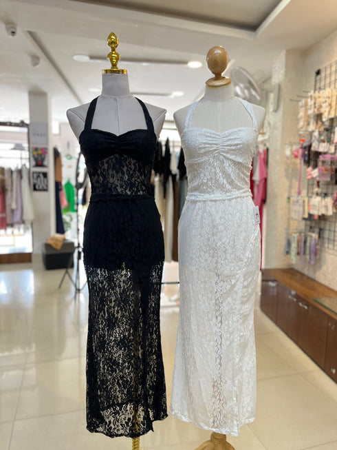 Women Halter Neck Lacey Top With Side Slit Skort